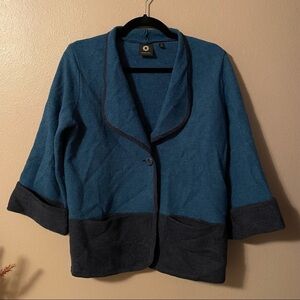 Amber Sun Cardigan Women’s Size Small Teal Black 100% Merino Wool Cardigan